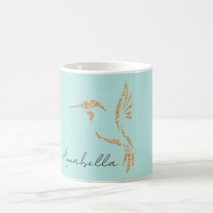 Gold Glitter Hummingbird and Custom Name on Teal Coffee Mug