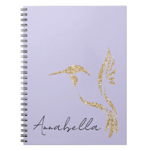Gold Glitter Hummingbird & Custom Name on Lavender Notebook