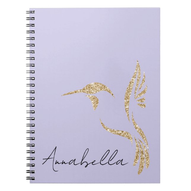 Gold Glitter Hummingbird & Custom Name on Lavender Notebook (Front)