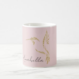 Gold Glitter Hummingbird & Custom Name on Pink Coffee Mug