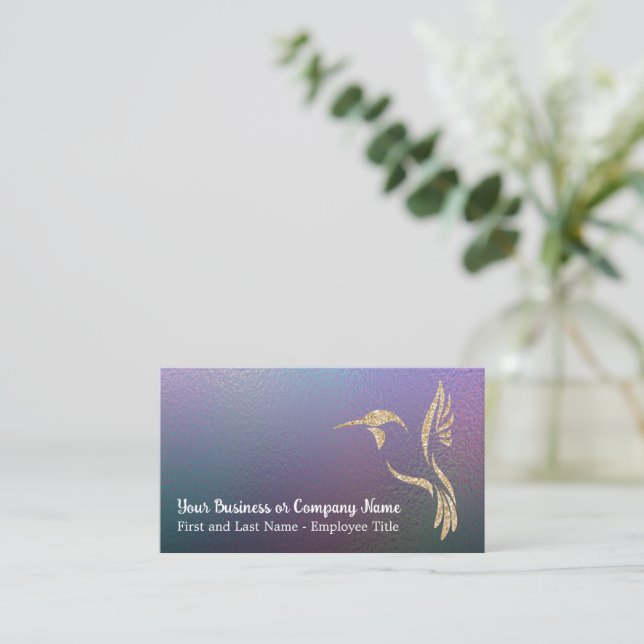 Gold Glitter Hummingbird on Dark Holographic Business Card (Standing Front)