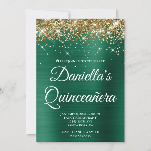 Gold Glitter Hunter Green Foil Quinceañera Invitation (Front)