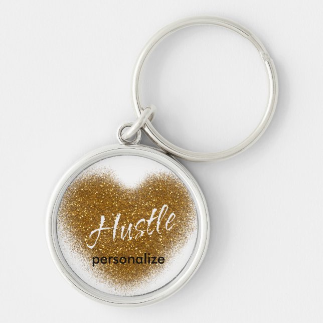 Gold Glitter HUSTLE Heart Inspirational Keychain (Front)