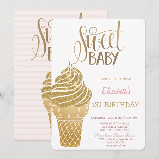 Gold Glitter Ice Cream Striped Birthday Invitation (Front/Back)