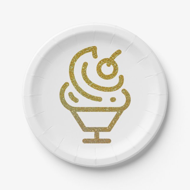 Gold Glitter Ice Cream Sundae Paper Plate (Front)