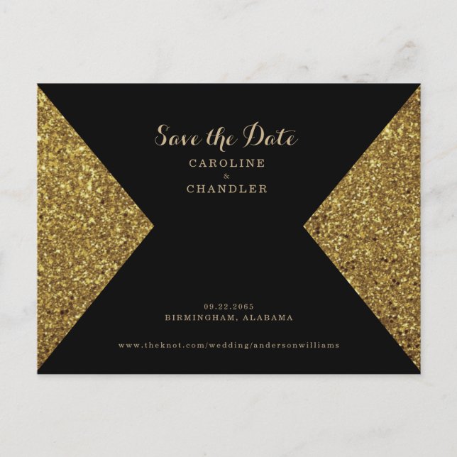 Gold Glitter Image & Black Glam Save the Date Postcard (Front)