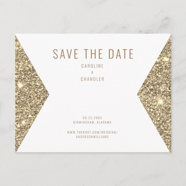 Gold Glitter Image & White Modern Save the Date   Postcard (Front)