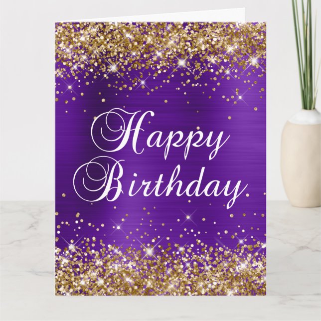 Gold Glitter Indigo Purple Foil Big Happy Birthday Card (Front)