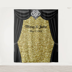 Gold Glitter Infinity Heart Black Curtain Backdrop Tapestry