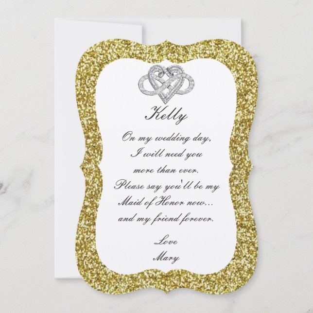 Gold Glitter Infinity Heart Maid Of Honour Card (Front)