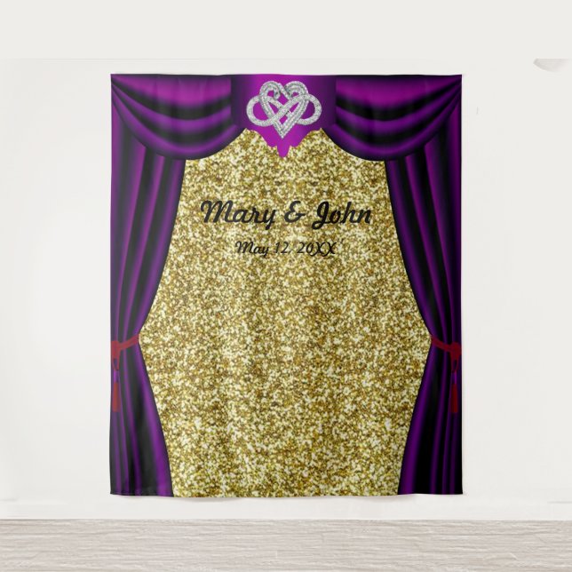 Gold Glitter Infinity Heart Purple Curtain Tapestry (Front)