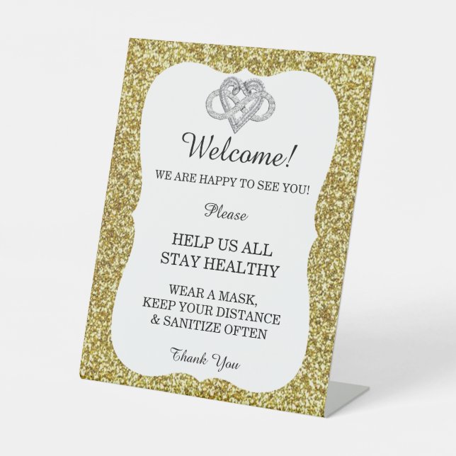 Gold Glitter Infinity Heart Wedding Safety  Pedestal Sign (Front)