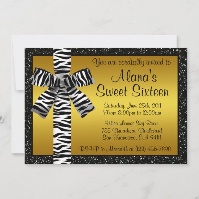 Gold Glitter Invite With Zebra Print Bow (Front)