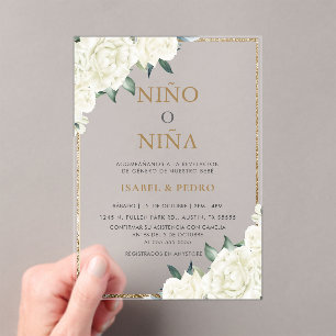 Gold Glitter Ivory Floral Spanish Gender Reveal Acrylic Invitations
