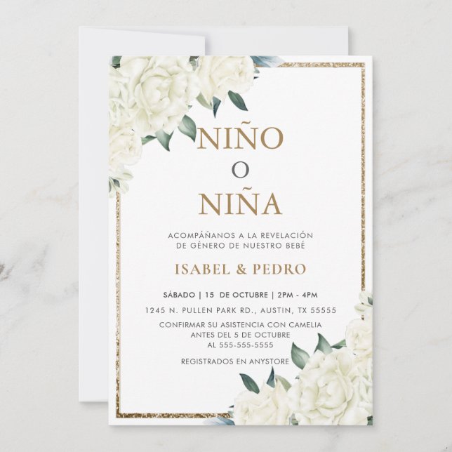 Gold Glitter Ivory Floral Spanish Gender Reveal Invitation (Front)