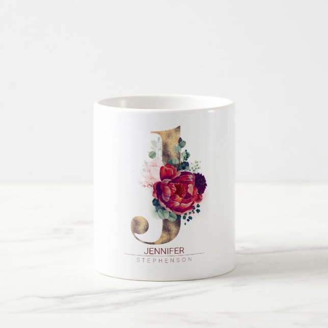 Gold Glitter J Monogram Floral Burgundy Red Coffee Mug (Center)