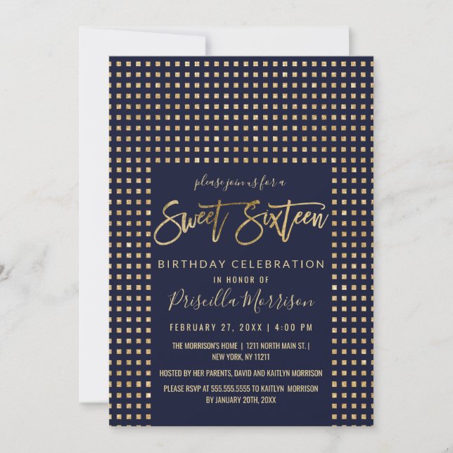 Gold Glitter Jewels Navy Blue Sweet 16 Invitation (Front)