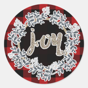Gold Glitter Joy Wreath Holiday Red Buffalo Plaid Classic Round Sticker