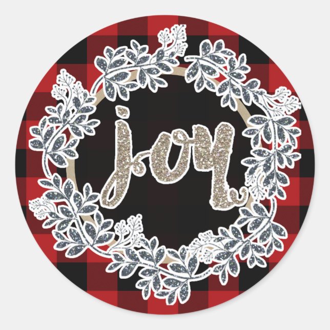 Gold Glitter Joy Wreath Holiday Red Buffalo Plaid Classic Round Sticker (Front)