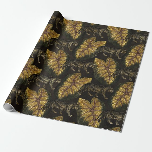 Gold Glitter Jungle Tiger Pattern Wrapping Paper (Unrolled)