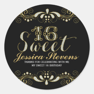 Gold & Glitter Lace Sweet 16 Classic Round Sticker