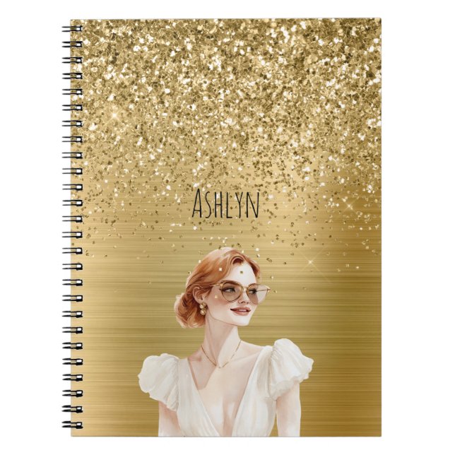 Gold Glitter Lady Red Hair Notebook (Front)