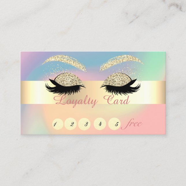 Gold Glitter Lashes Colourful Pastel Holographic   Loyalty Card (Front)