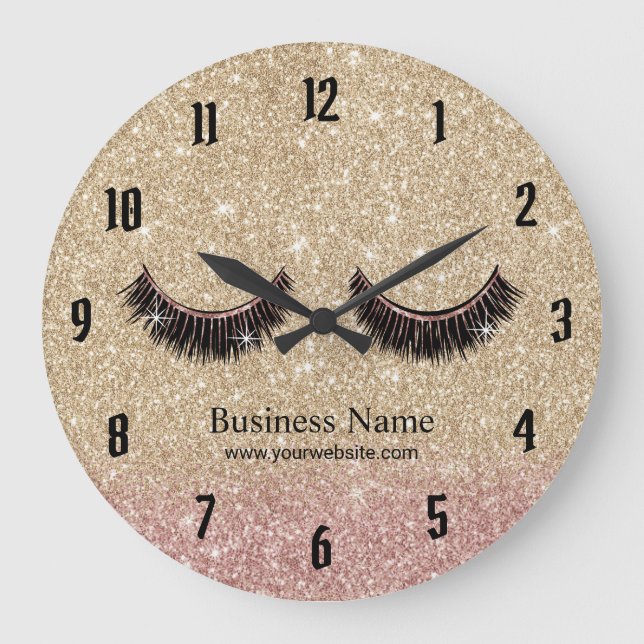 Gold Glitter Lashes Makeup Artist Beauty Salon Large Clock (Front)