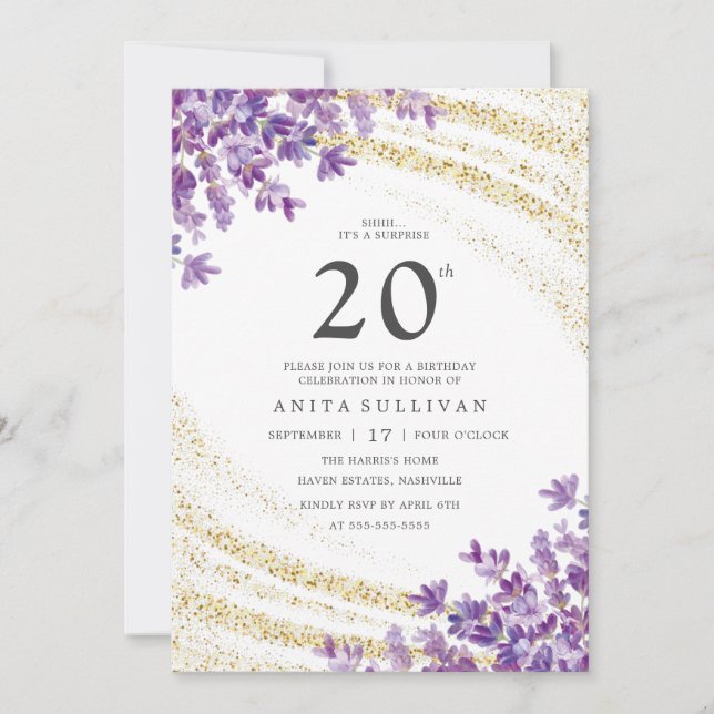 Gold Glitter Lavender Floral Twenty 20th Birthday Invitation (Front)