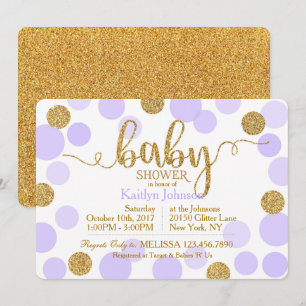 Gold Glitter Lavender Scattered Dots Baby Shower Invitation