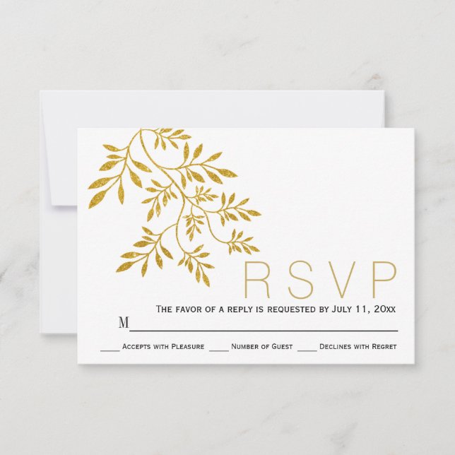 Gold glitter leaves branch modern wedding RSVP Card (Front)
