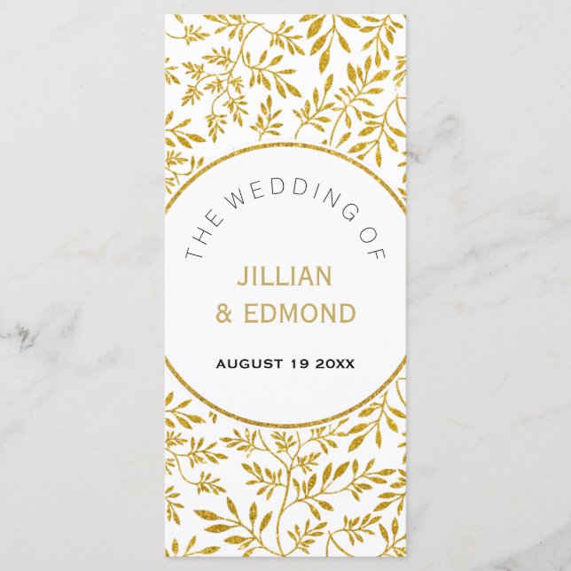 Gold glitter leaves pattern wedding program programme (Front)