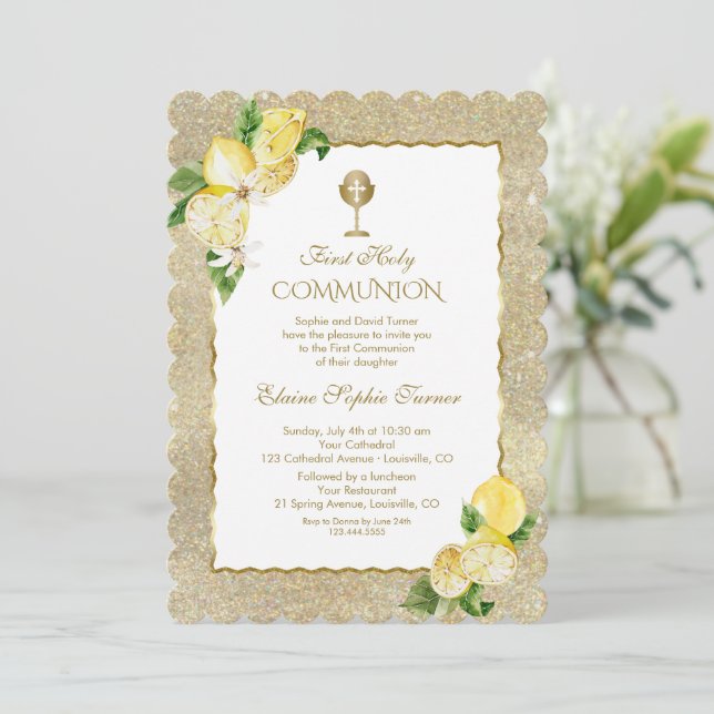 Gold Glitter Lemon Fruit Flower First Communion   Invitation (Standing Front)