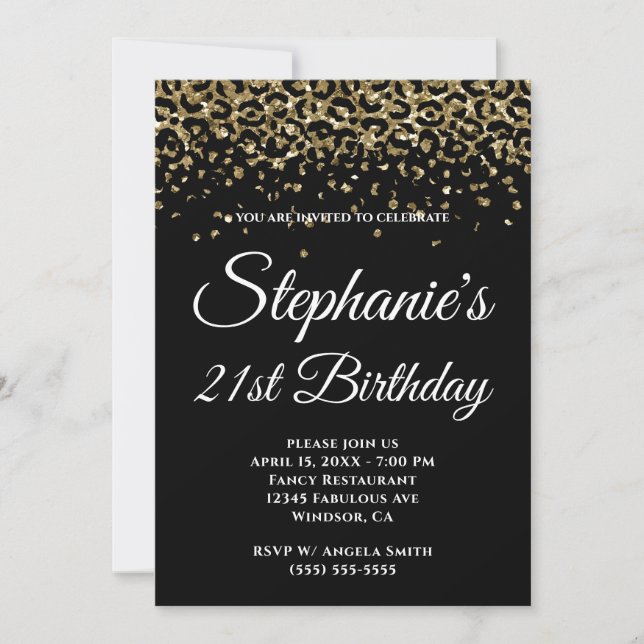 Gold Glitter Leopard Border Black 21st Birthday Invitation (Front)
