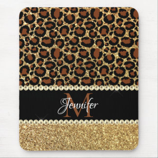 Gold Glitter Leopard Girly Glam Monogram Mouse Mat
