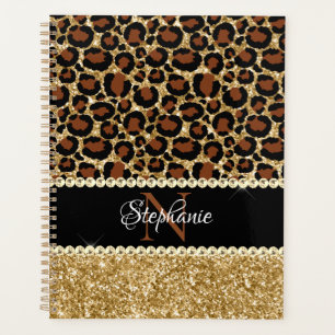 Gold Glitter Leopard Girly Glam Monogram Planner
