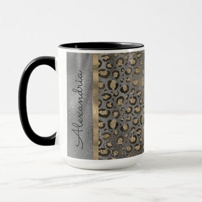 Gold Glitter Leopard Print on Grey Personalised Mug (Left)