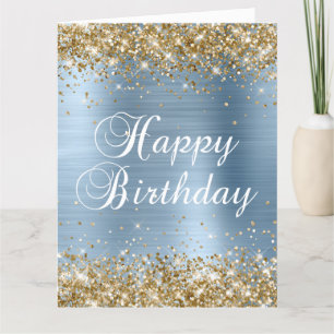 Gold Glitter Light Blue Foil Big Happy Birthday Card