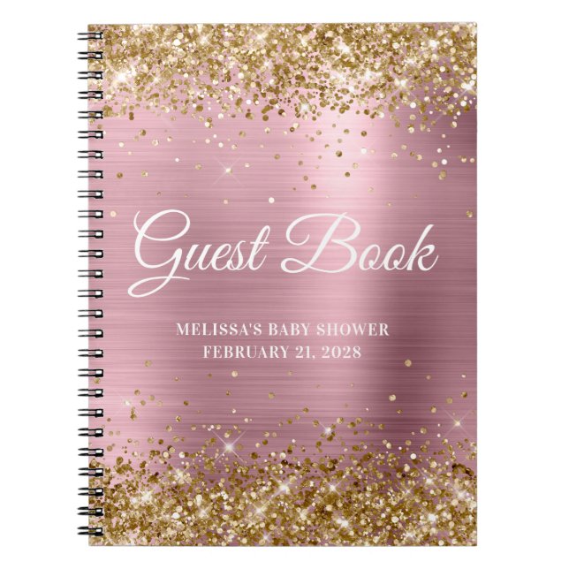 Gold Glitter Light Pink Baby Shower Guestbook Notebook (Front)