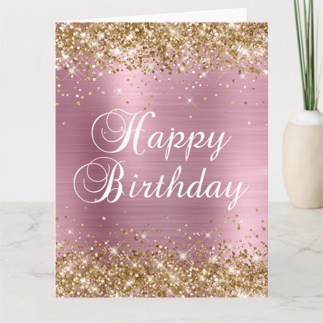 Gold Glitter Light Pink Foil Big Happy Birthday Card (Front)