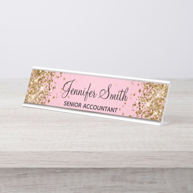 Gold Glitter Light Pink Gradient Desk Name Plate (Front)