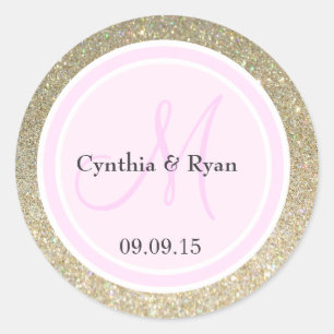 Gold Glitter & Light Pink Wedding Monogram Classic Round Sticker