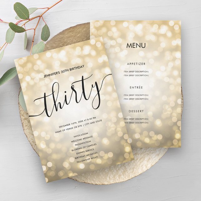Gold Glitter Lights 30th Birthday Menu Program Invitation (Gold Glitter Lights 30th Birthday Menu Program)