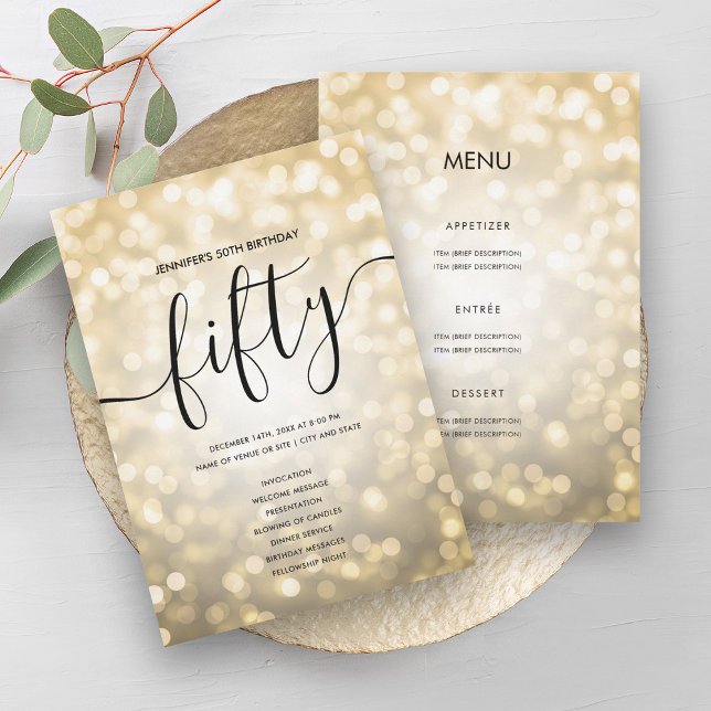 Gold Glitter Lights 50th Birthday Menu Program Invitation (Gold Glitter Lights 50th Birthday Menu Program)