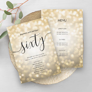 Gold Glitter Lights 60th Birthday Menu Program Invitation