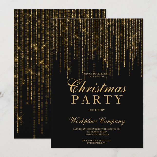 Gold glitter lights black corporate chic Christmas Invitation (Front/Back)