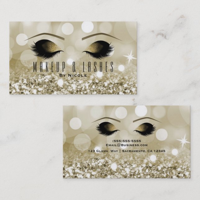 Gold Glitter Lights Makeup Eyelashes Beauty Spa Business Card (Front/Back)