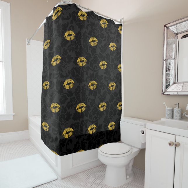 Gold Glitter Lips  And Damask Shower Curtain (In Situ)