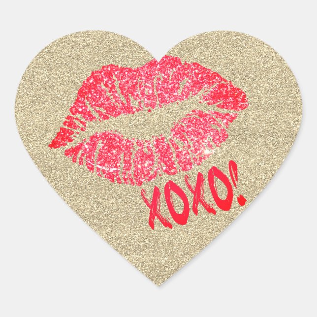 Gold Glitter Lips Kiss XOXO Heart Sticker (Front)