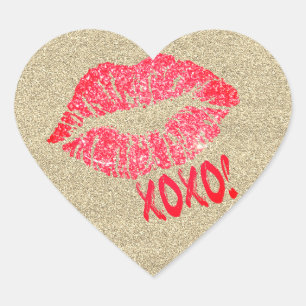 Gold Glitter Lips Kiss XOXO Heart Sticker